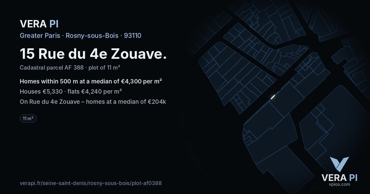 15 Rue du 4e Zouave, Rosny-sous-Bois at night – the plot lit, the parcels around coloured by the prices near them