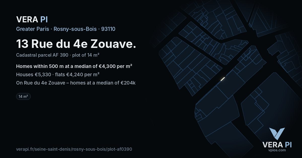 13 Rue du 4e Zouave, Rosny-sous-Bois at night – the plot lit, the parcels around coloured by the prices near them