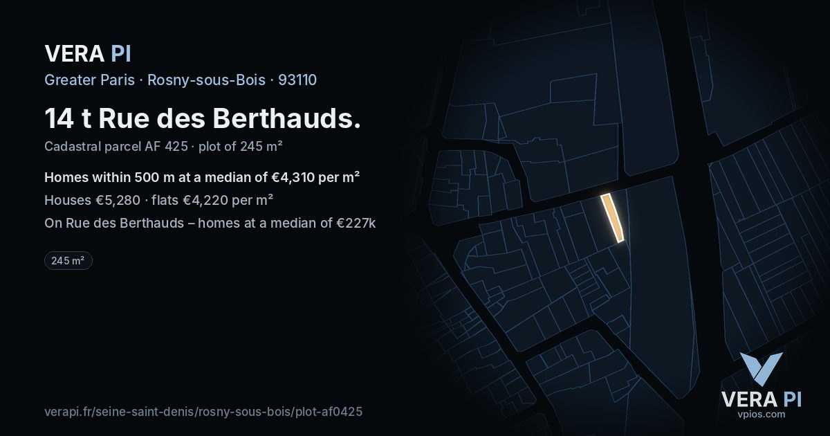 14 t Rue des Berthauds, Rosny-sous-Bois at night – the plot lit, the parcels around coloured by the prices near them