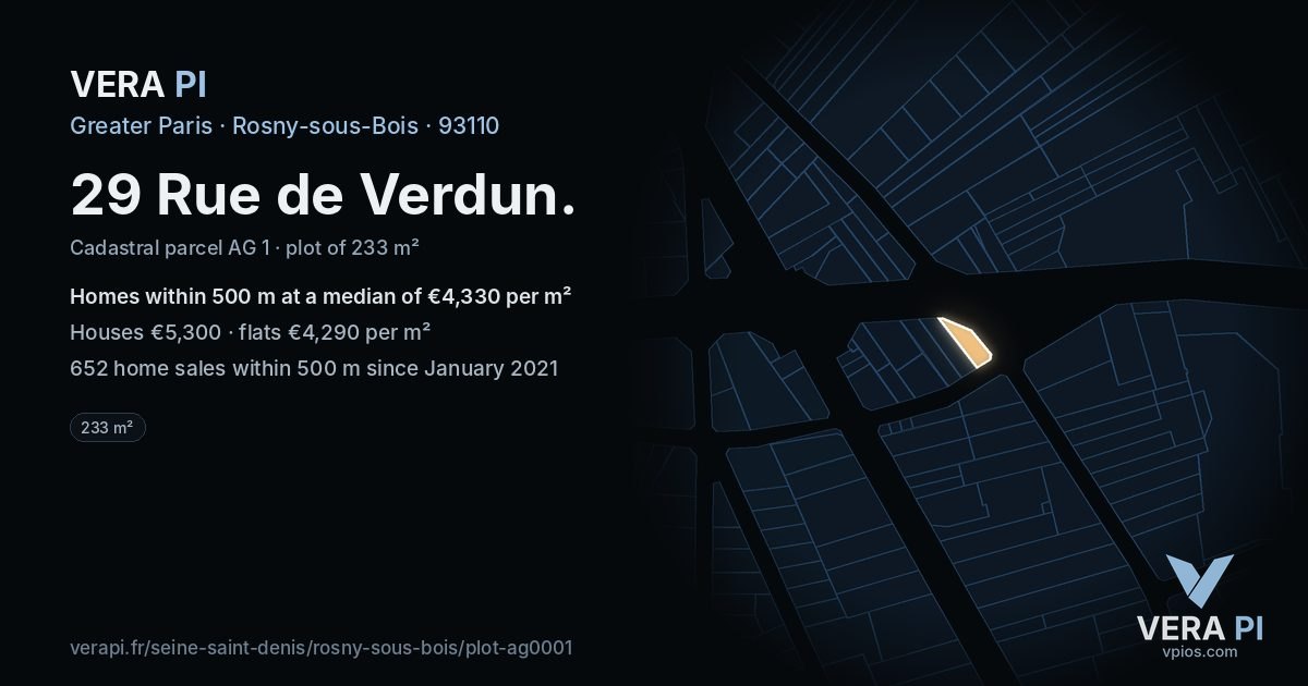 29 Rue de Verdun, Rosny-sous-Bois at night – the plot lit, the parcels around coloured by the prices near them
