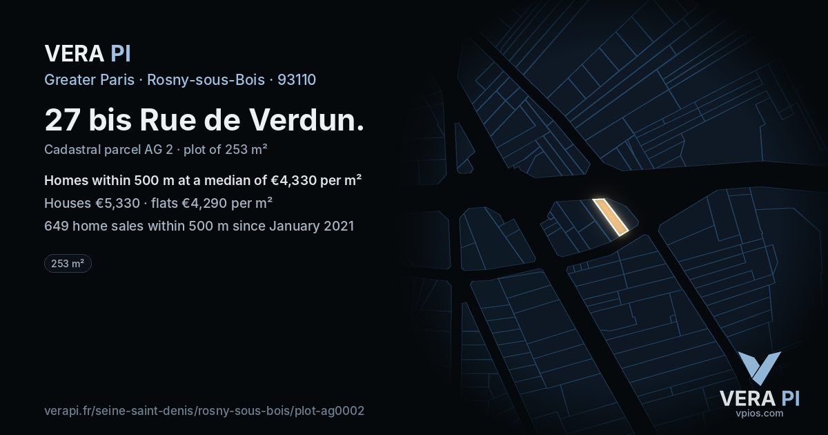27 bis Rue de Verdun, Rosny-sous-Bois at night – the plot lit, the parcels around coloured by the prices near them
