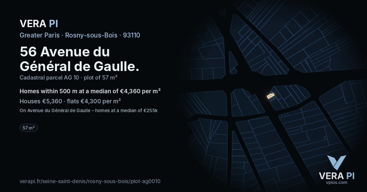 56 Avenue du Général de Gaulle, Rosny-sous-Bois at night – the plot lit, the parcels around coloured by the prices near them