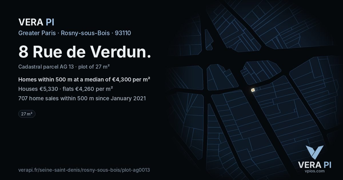 8 Rue de Verdun, Rosny-sous-Bois at night – the plot lit, the parcels around coloured by the prices near them