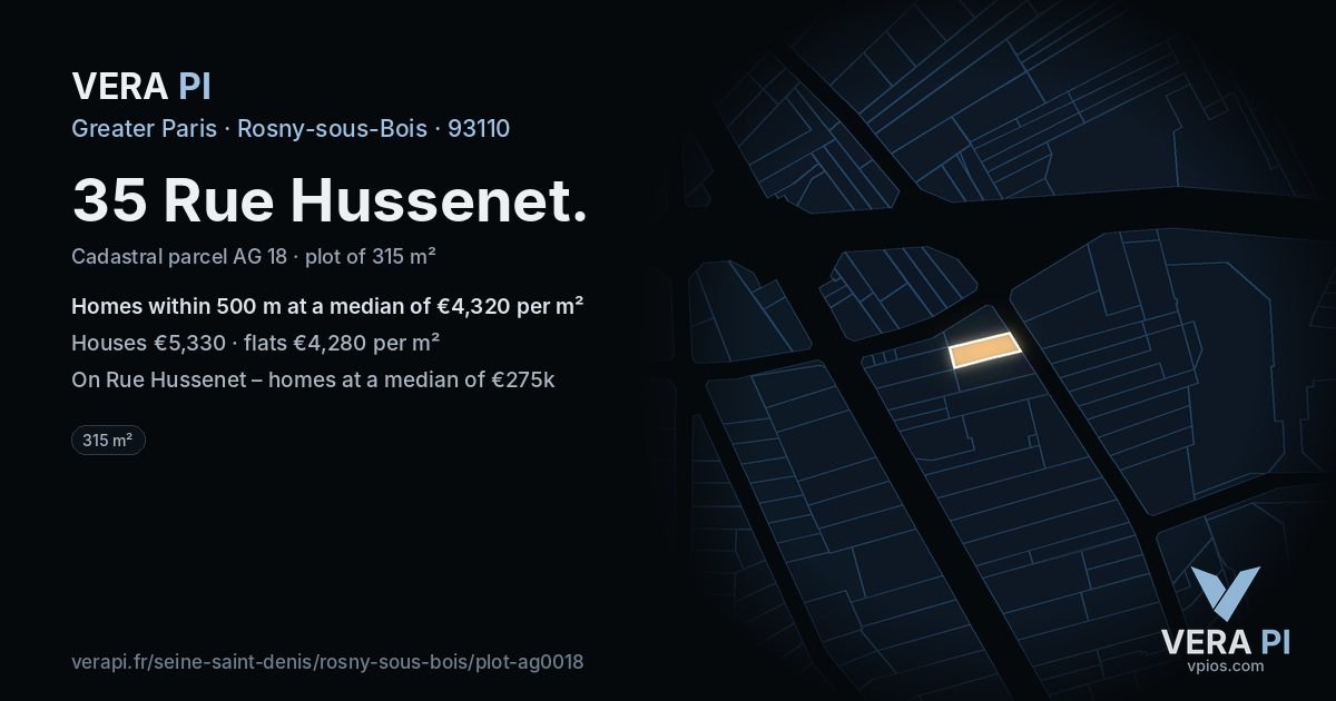 35 Rue Hussenet, Rosny-sous-Bois at night – the plot lit, the parcels around coloured by the prices near them