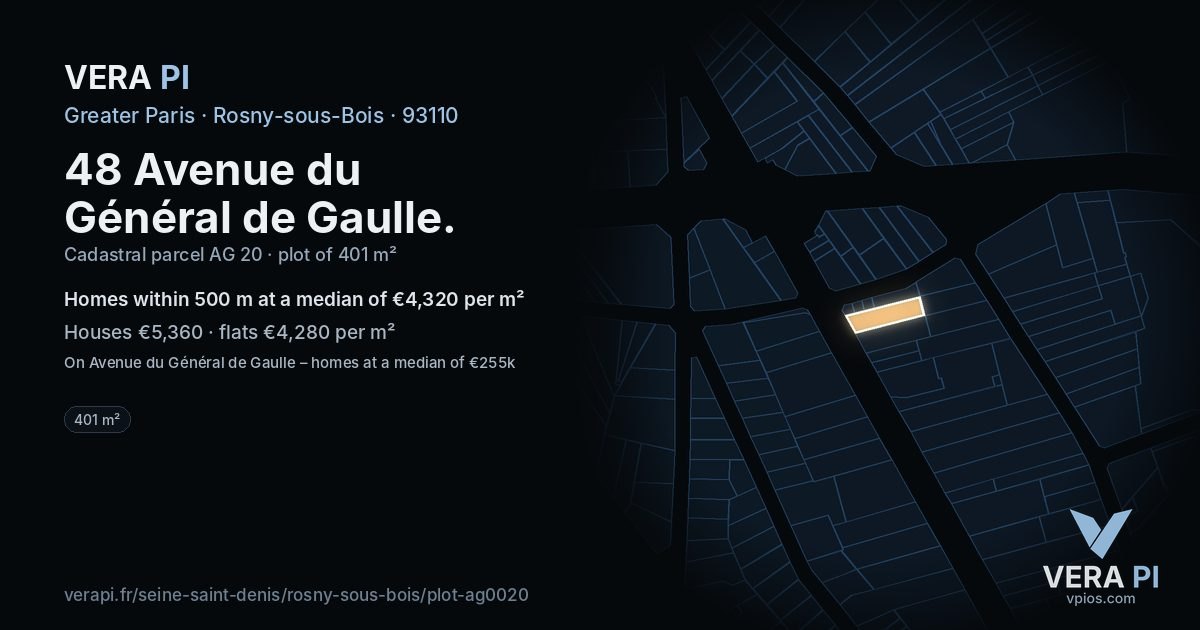48 Avenue du Général de Gaulle, Rosny-sous-Bois at night – the plot lit, the parcels around coloured by the prices near them