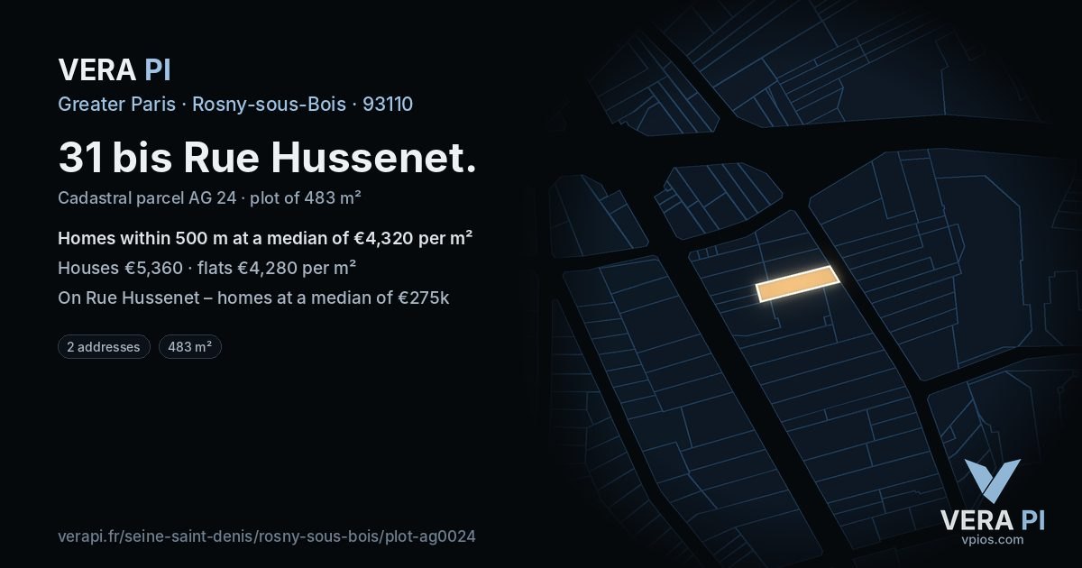 31 bis Rue Hussenet, Rosny-sous-Bois at night – the plot lit, the parcels around coloured by the prices near them
