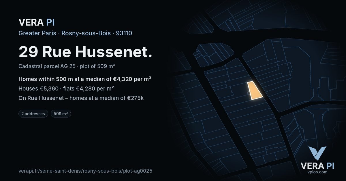 29 Rue Hussenet, Rosny-sous-Bois at night – the plot lit, the parcels around coloured by the prices near them