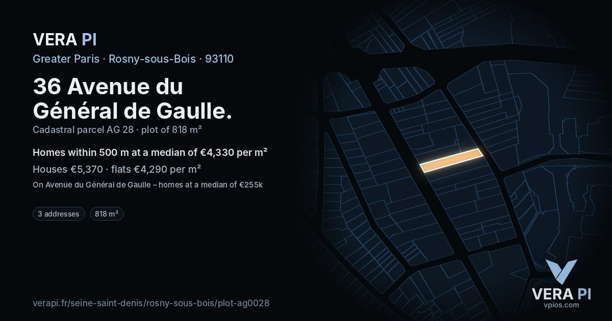 36 Avenue du Général de Gaulle, Rosny-sous-Bois at night – the plot lit, the parcels around coloured by the prices near them