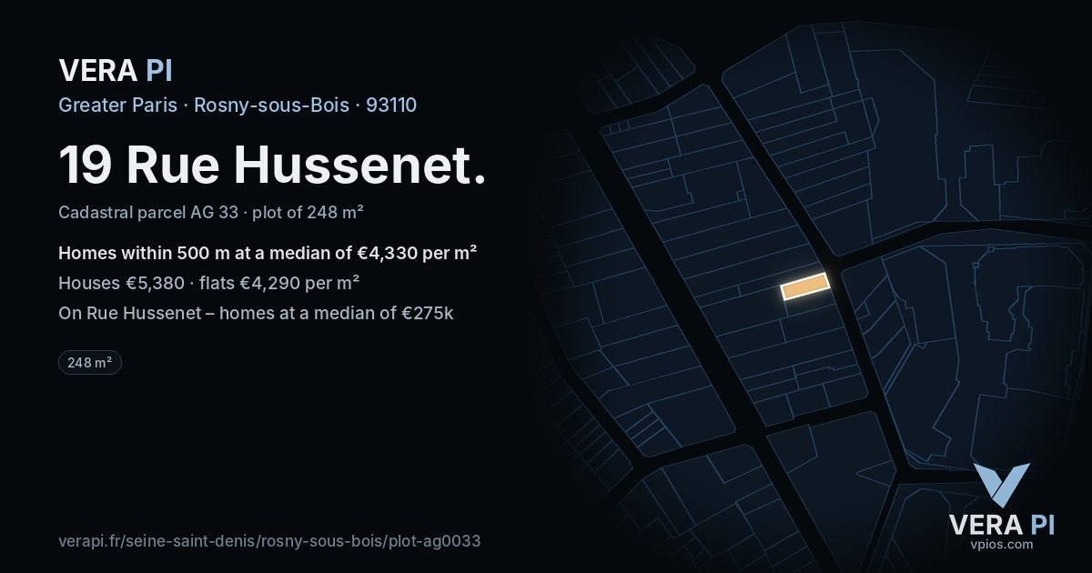 19 Rue Hussenet, Rosny-sous-Bois at night – the plot lit, the parcels around coloured by the prices near them