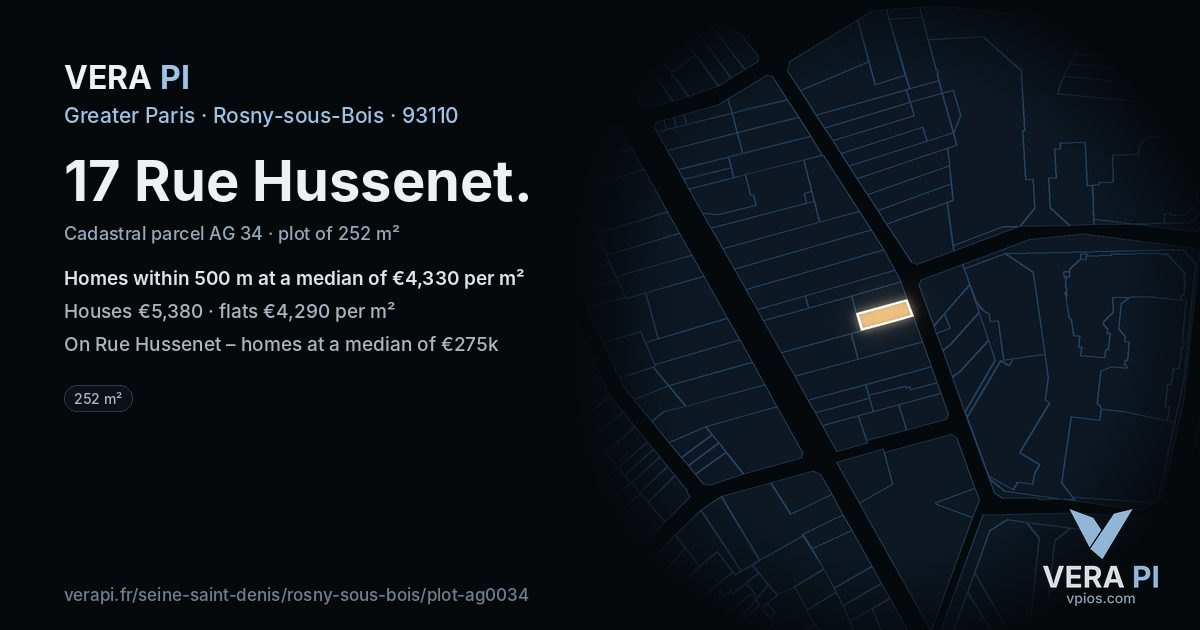 17 Rue Hussenet, Rosny-sous-Bois at night – the plot lit, the parcels around coloured by the prices near them
