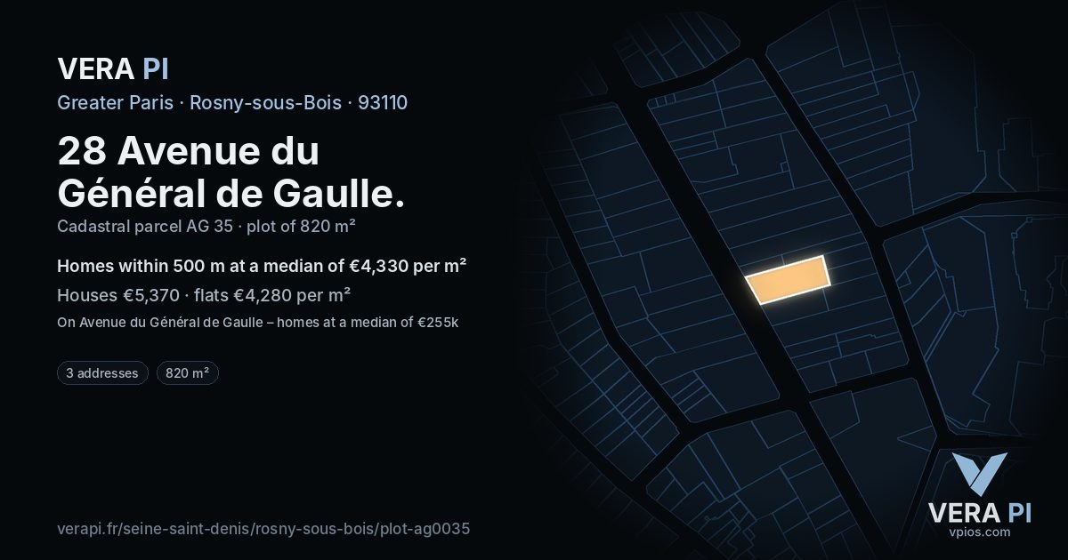 28 Avenue du Général de Gaulle, Rosny-sous-Bois at night – the plot lit, the parcels around coloured by the prices near them