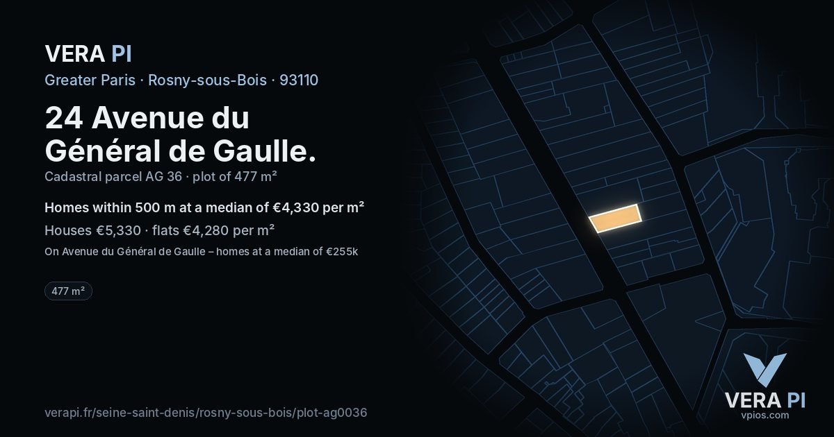 24 Avenue du Général de Gaulle, Rosny-sous-Bois at night – the plot lit, the parcels around coloured by the prices near them