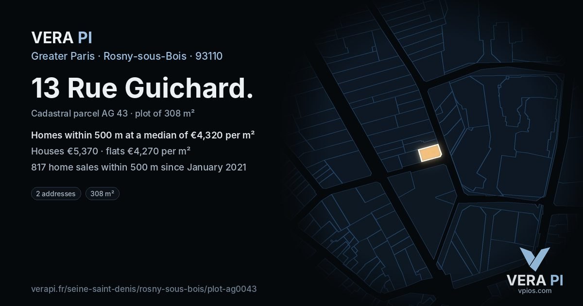 13 Rue Guichard, Rosny-sous-Bois at night – the plot lit, the parcels around coloured by the prices near them