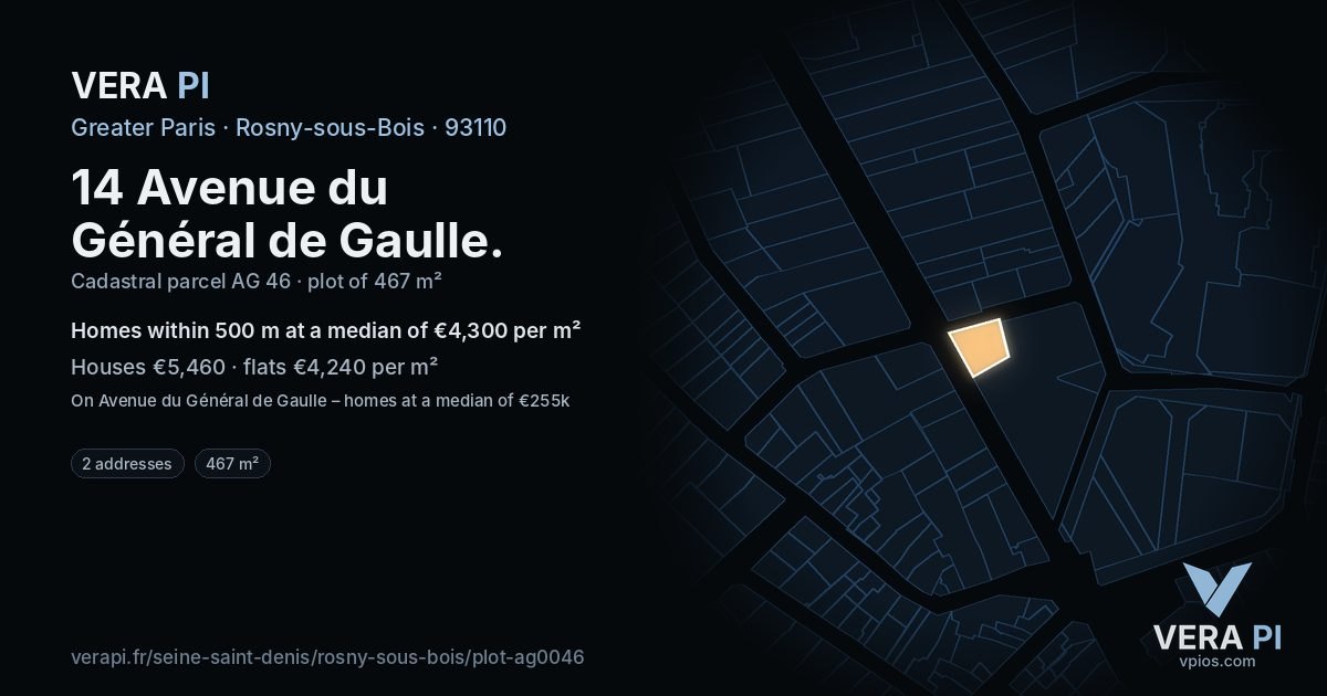 14 Avenue du Général de Gaulle, Rosny-sous-Bois at night – the plot lit, the parcels around coloured by the prices near them