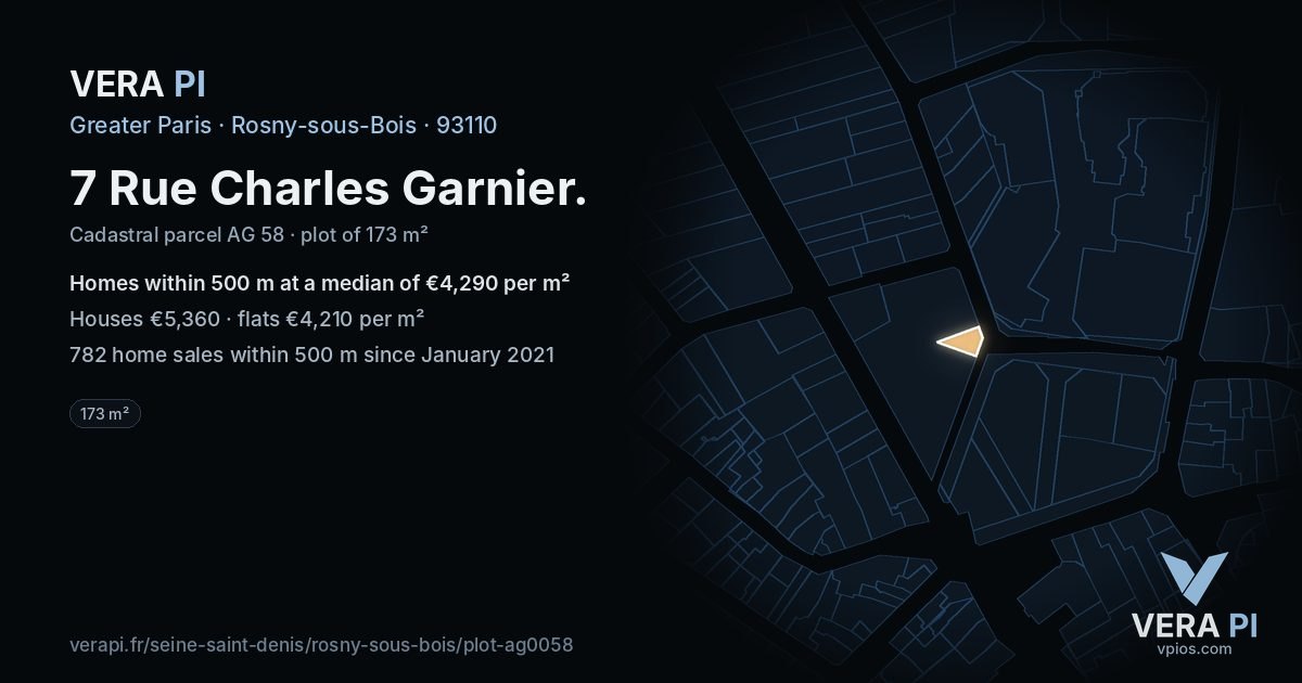 7 Rue Charles Garnier, Rosny-sous-Bois at night – the plot lit, the parcels around coloured by the prices near them