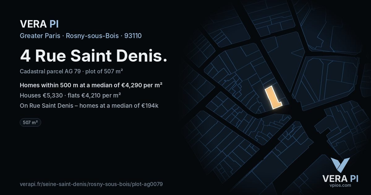 4 Rue Saint Denis, Rosny-sous-Bois at night – the plot lit, the parcels around coloured by the prices near them