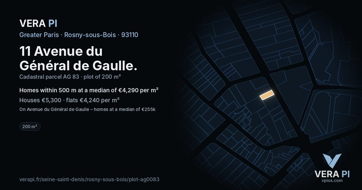 11 Avenue du Général de Gaulle, Rosny-sous-Bois at night – the plot lit, the parcels around coloured by the prices near them