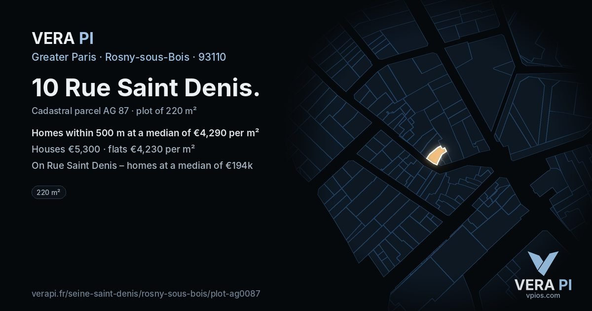 10 Rue Saint Denis, Rosny-sous-Bois at night – the plot lit, the parcels around coloured by the prices near them
