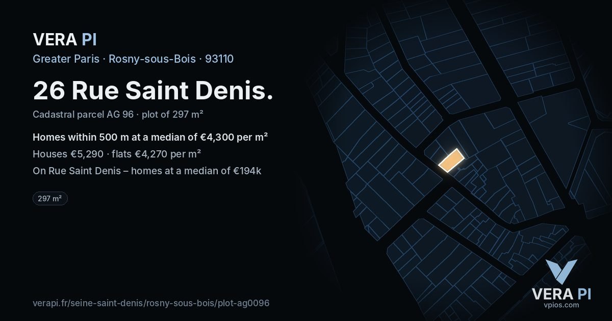 26 Rue Saint Denis, Rosny-sous-Bois at night – the plot lit, the parcels around coloured by the prices near them