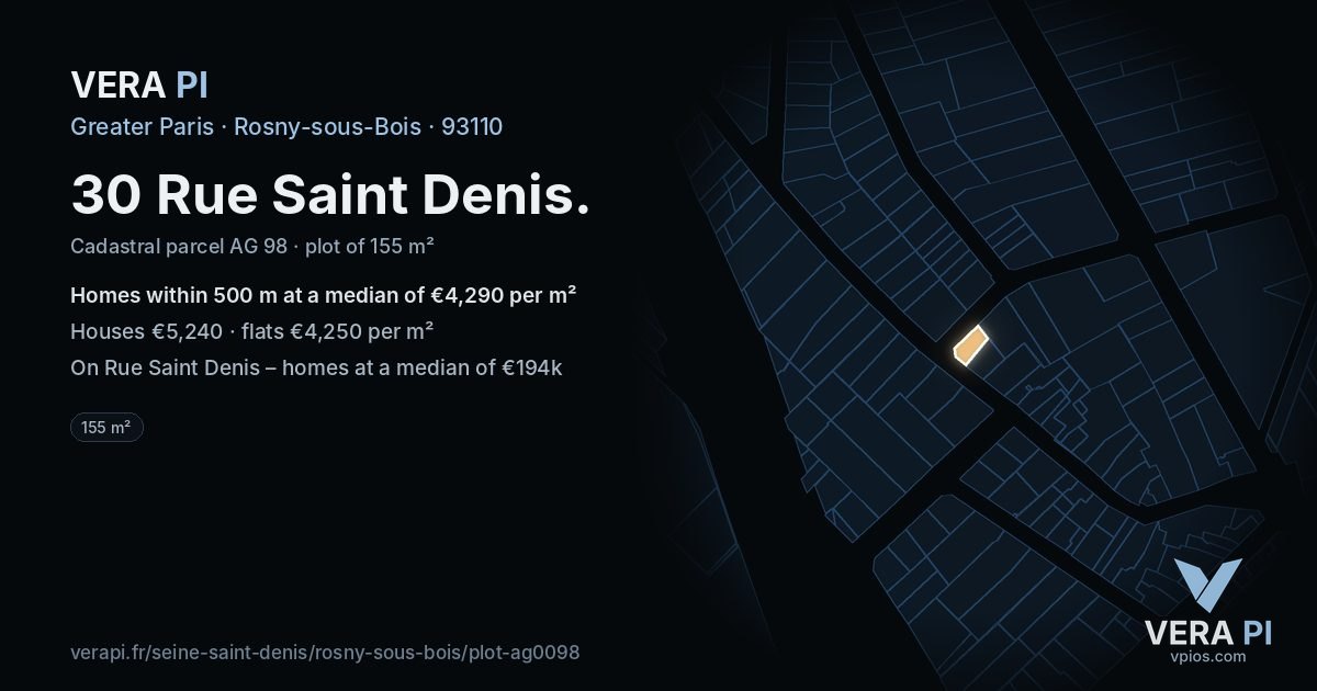 30 Rue Saint Denis, Rosny-sous-Bois at night – the plot lit, the parcels around coloured by the prices near them
