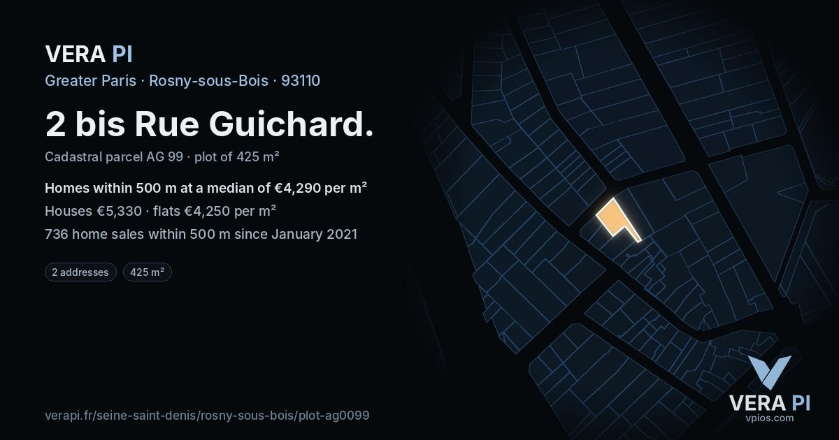 2 bis Rue Guichard, Rosny-sous-Bois at night – the plot lit, the parcels around coloured by the prices near them
