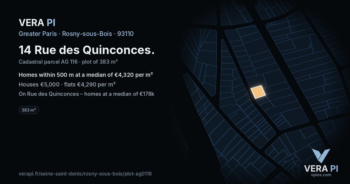 14 Rue des Quinconces, Rosny-sous-Bois at night – the plot lit, the parcels around coloured by the prices near them