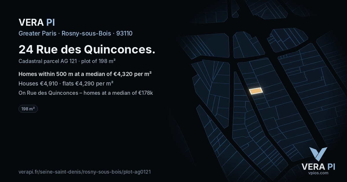 24 Rue des Quinconces, Rosny-sous-Bois at night – the plot lit, the parcels around coloured by the prices near them