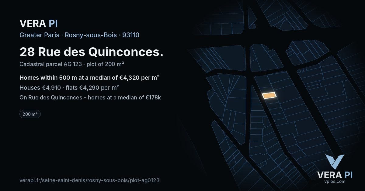 28 Rue des Quinconces, Rosny-sous-Bois at night – the plot lit, the parcels around coloured by the prices near them