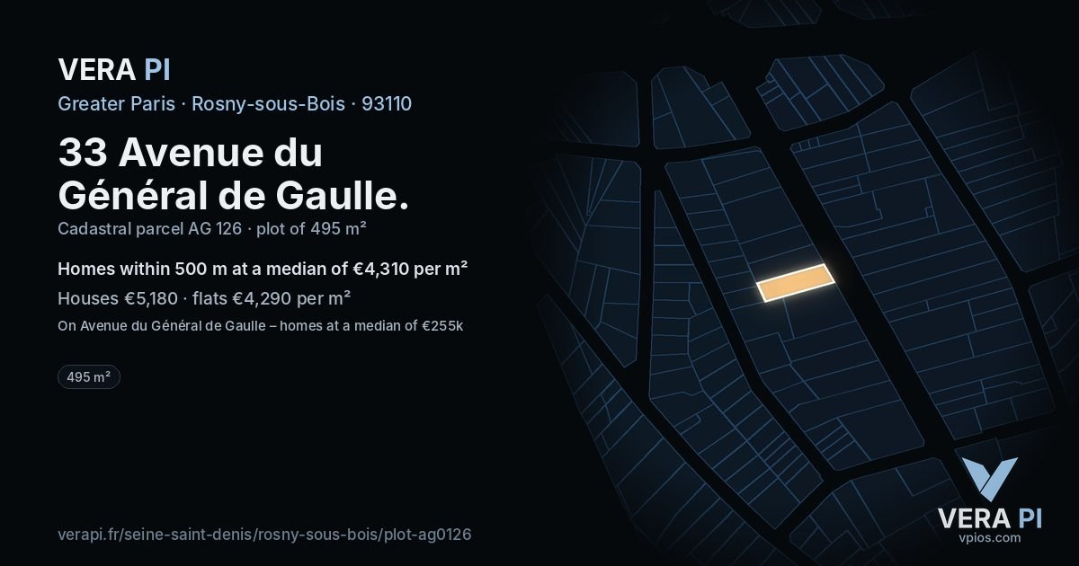 33 Avenue du Général de Gaulle, Rosny-sous-Bois at night – the plot lit, the parcels around coloured by the prices near them