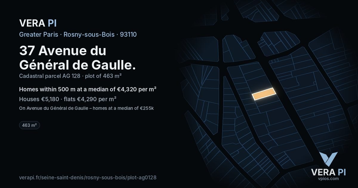 37 Avenue du Général de Gaulle, Rosny-sous-Bois at night – the plot lit, the parcels around coloured by the prices near them