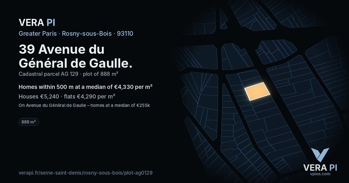 39 Avenue du Général de Gaulle, Rosny-sous-Bois at night – the plot lit, the parcels around coloured by the prices near them