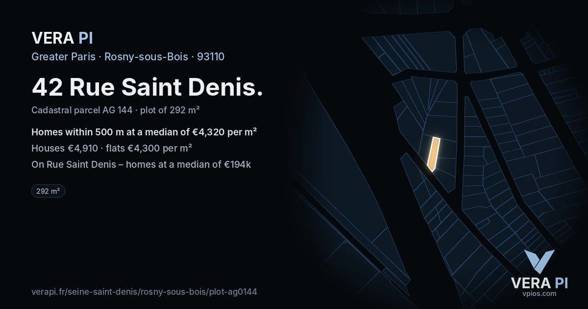 42 Rue Saint Denis, Rosny-sous-Bois at night – the plot lit, the parcels around coloured by the prices near them