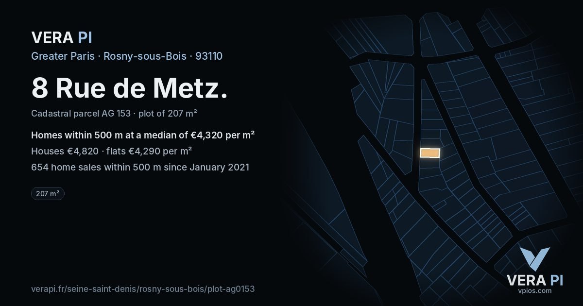 8 Rue de Metz, Rosny-sous-Bois at night – the plot lit, the parcels around coloured by the prices near them