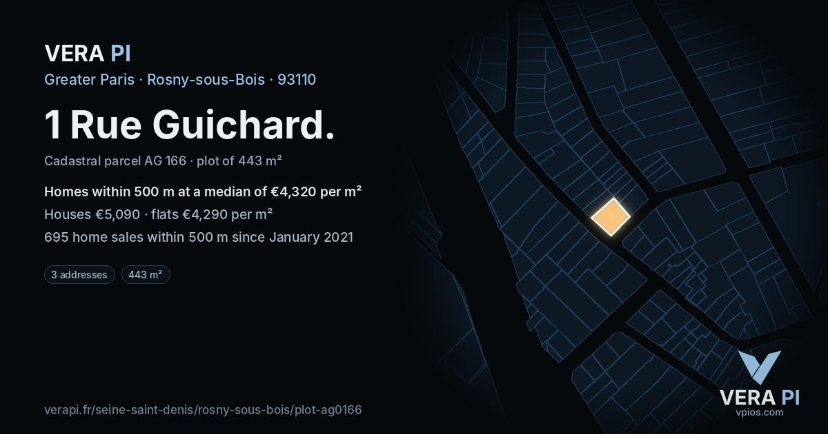 1 Rue Guichard, Rosny-sous-Bois at night – the plot lit, the parcels around coloured by the prices near them