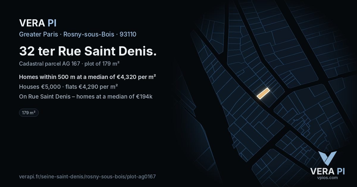32 ter Rue Saint Denis, Rosny-sous-Bois at night – the plot lit, the parcels around coloured by the prices near them