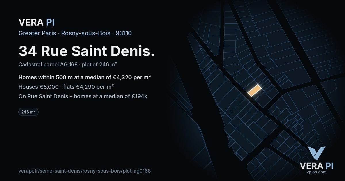 34 Rue Saint Denis, Rosny-sous-Bois at night – the plot lit, the parcels around coloured by the prices near them