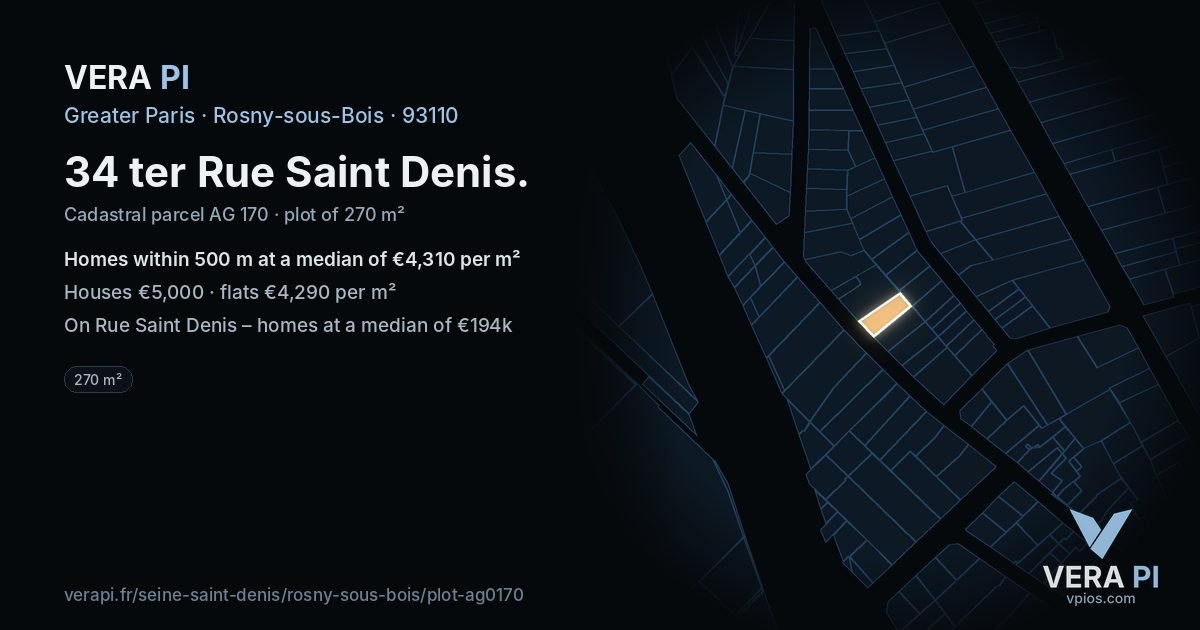 34 ter Rue Saint Denis, Rosny-sous-Bois at night – the plot lit, the parcels around coloured by the prices near them