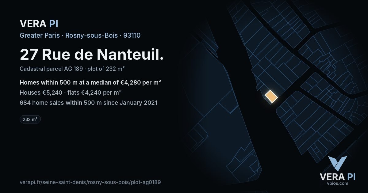 27 Rue de Nanteuil, Rosny-sous-Bois at night – the plot lit, the parcels around coloured by the prices near them