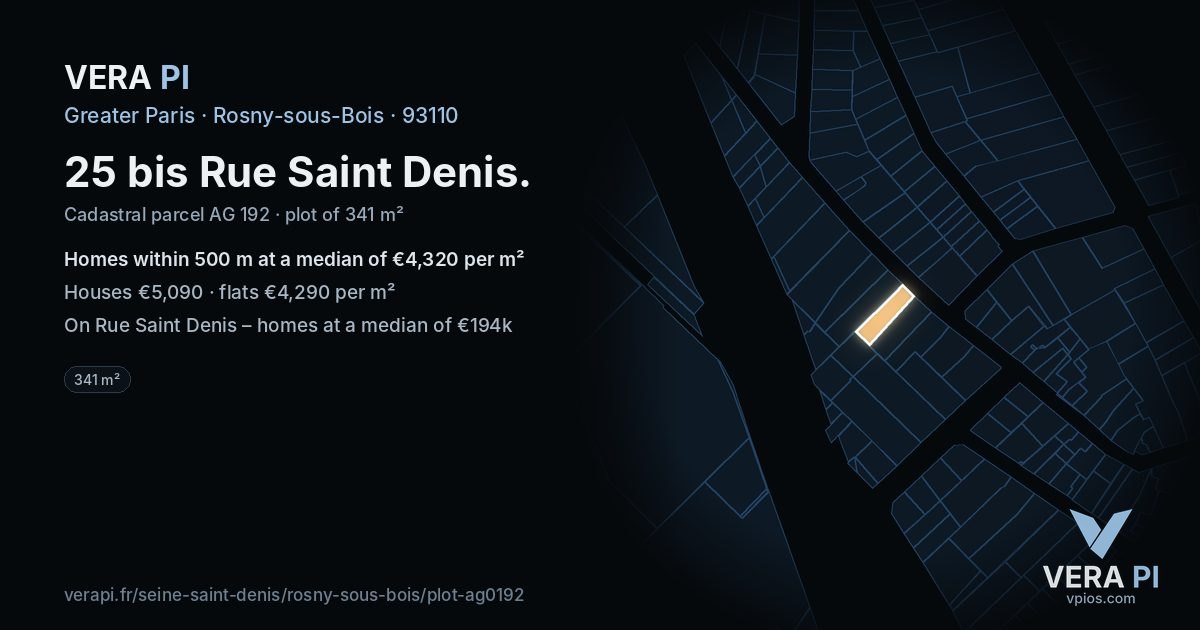 25 bis Rue Saint Denis, Rosny-sous-Bois at night – the plot lit, the parcels around coloured by the prices near them