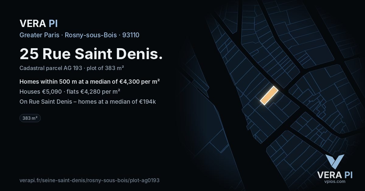 25 Rue Saint Denis, Rosny-sous-Bois at night – the plot lit, the parcels around coloured by the prices near them