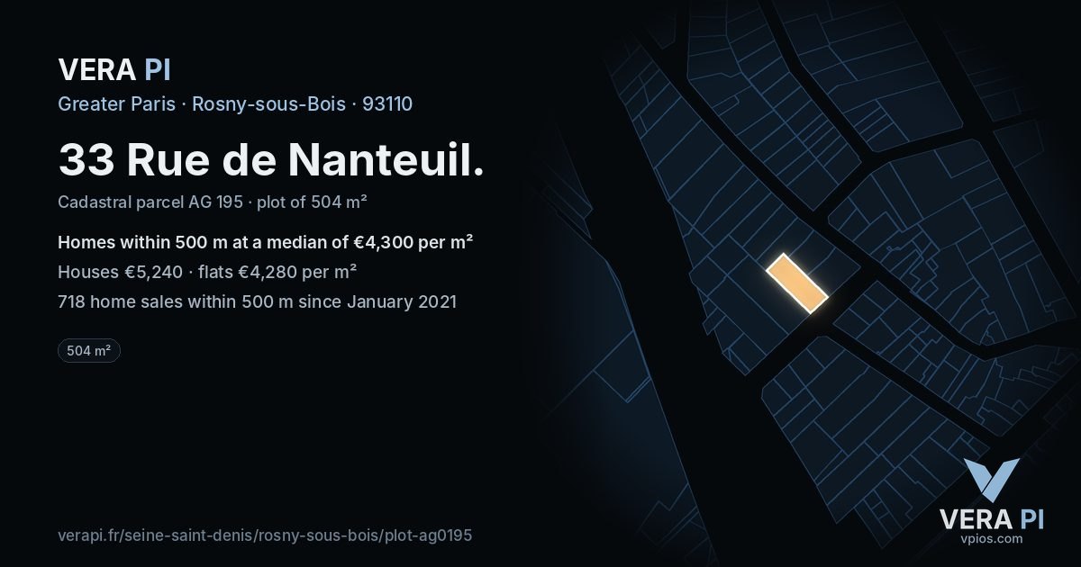 33 Rue de Nanteuil, Rosny-sous-Bois at night – the plot lit, the parcels around coloured by the prices near them