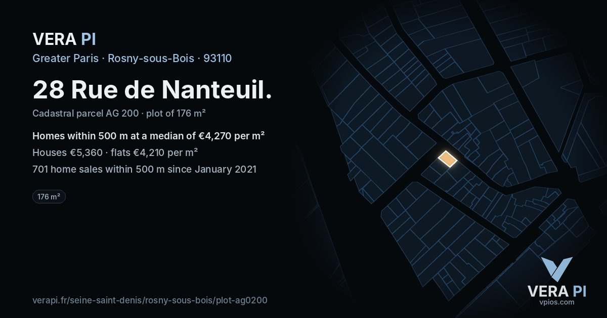 28 Rue de Nanteuil, Rosny-sous-Bois at night – the plot lit, the parcels around coloured by the prices near them