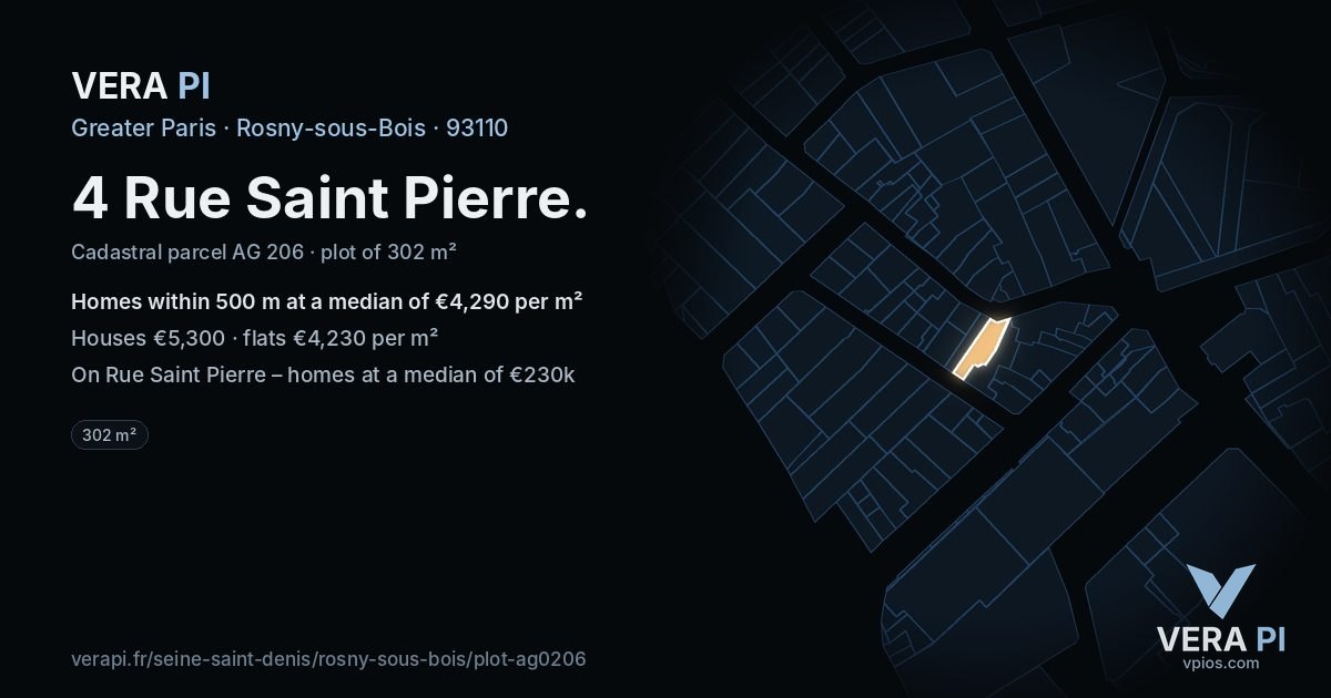 4 Rue Saint Pierre, Rosny-sous-Bois at night – the plot lit, the parcels around coloured by the prices near them