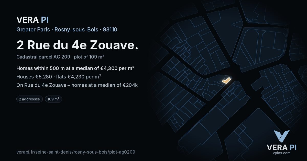 2 Rue du 4e Zouave, Rosny-sous-Bois at night – the plot lit, the parcels around coloured by the prices near them