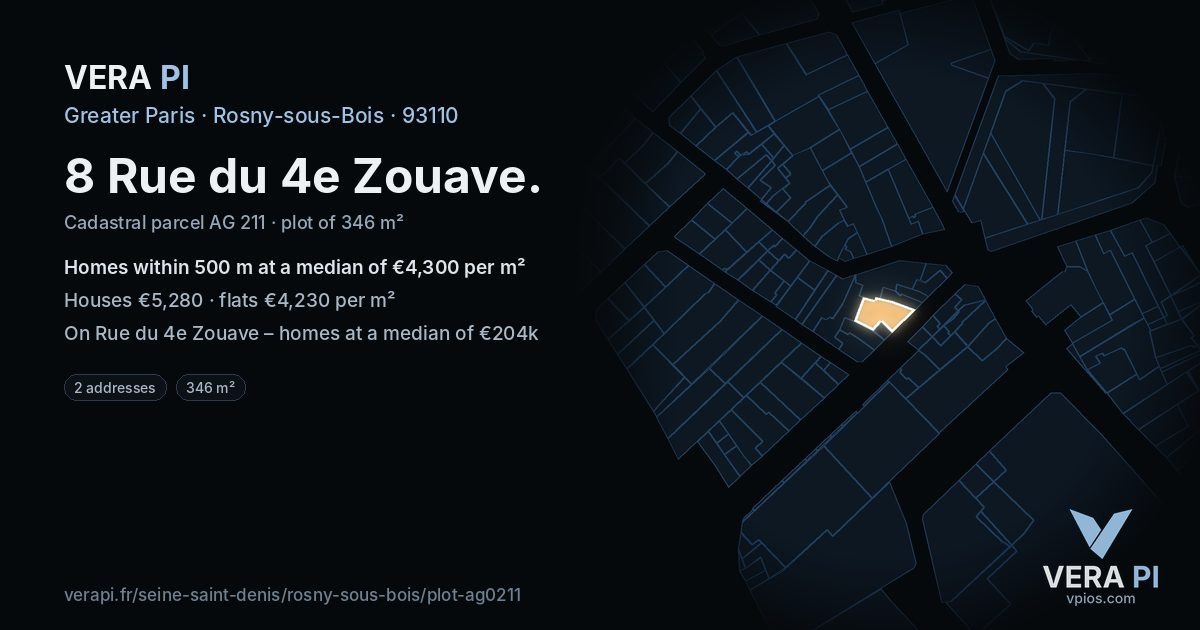 8 Rue du 4e Zouave, Rosny-sous-Bois at night – the plot lit, the parcels around coloured by the prices near them