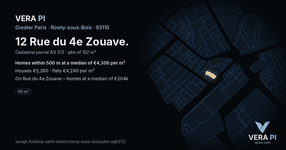 12 Rue du 4e Zouave, Rosny-sous-Bois at night – the plot lit, the parcels around coloured by the prices near them