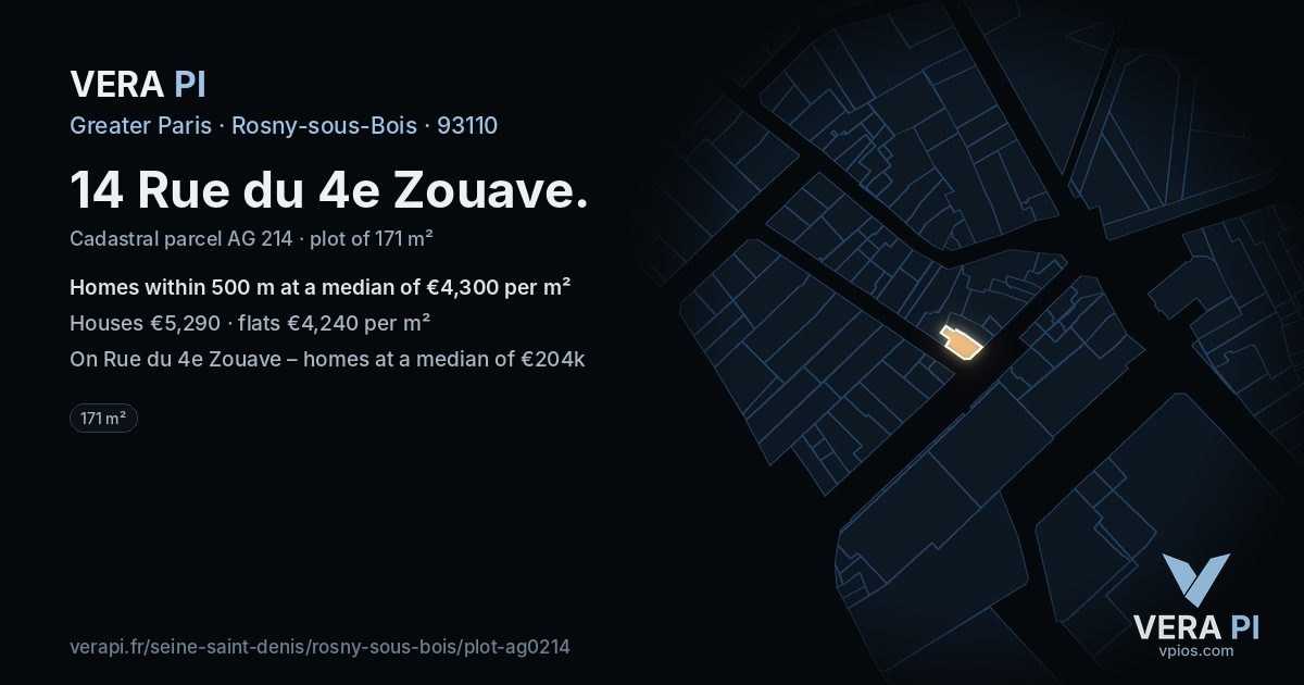 14 Rue du 4e Zouave, Rosny-sous-Bois at night – the plot lit, the parcels around coloured by the prices near them