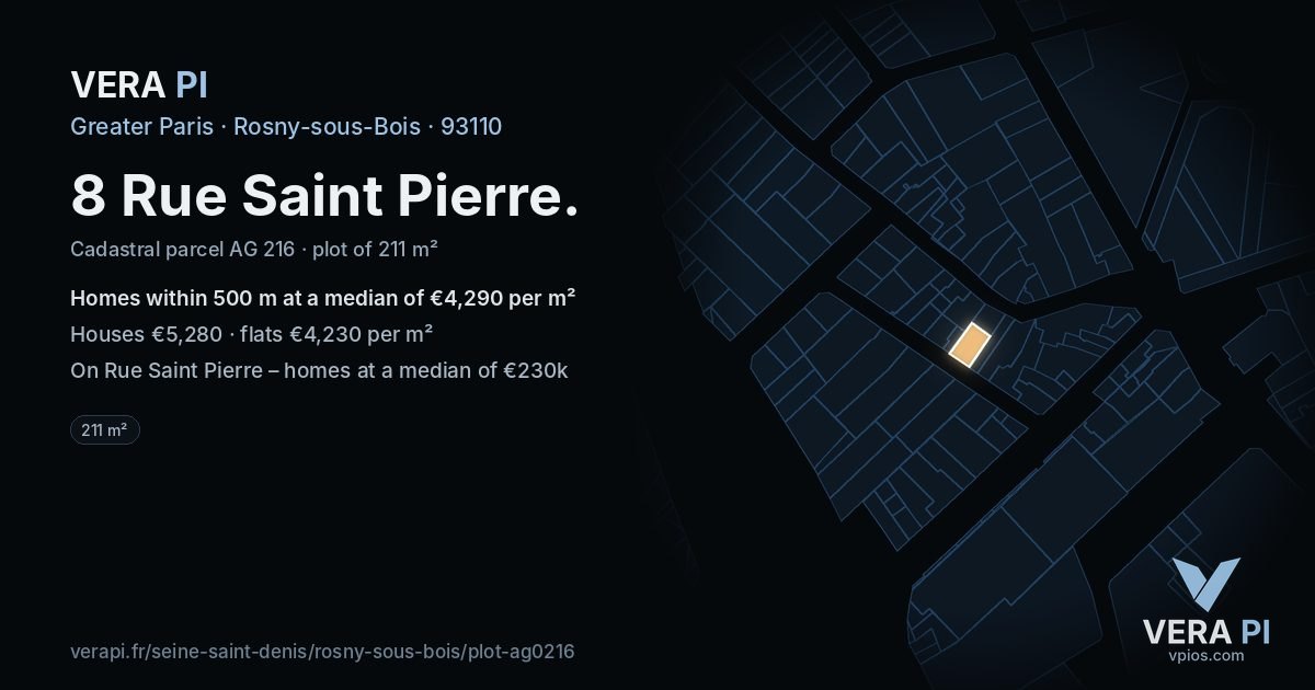 8 Rue Saint Pierre, Rosny-sous-Bois at night – the plot lit, the parcels around coloured by the prices near them