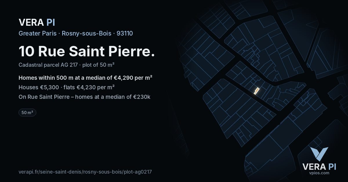 10 Rue Saint Pierre, Rosny-sous-Bois at night – the plot lit, the parcels around coloured by the prices near them