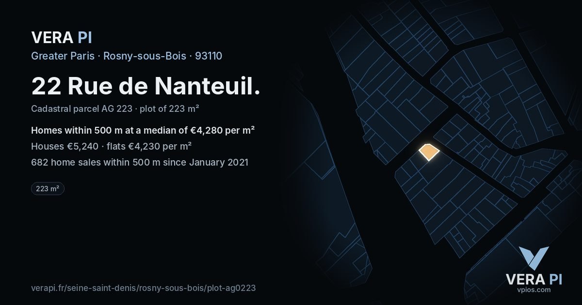 22 Rue de Nanteuil, Rosny-sous-Bois at night – the plot lit, the parcels around coloured by the prices near them